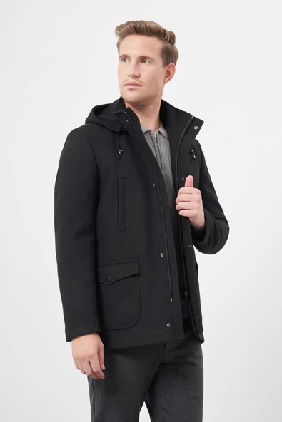 Siyah Kaşe Dik Yaka Astarlı Slim Fit Dar Kesim Klasik Kaban 1008245272