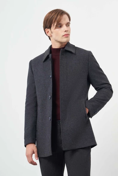 Lacivert Kaşe Bebe Yaka Kendinden Sırt Kapitoneli Astar Comfort Fit Classic Kaban 1008245155 - 3