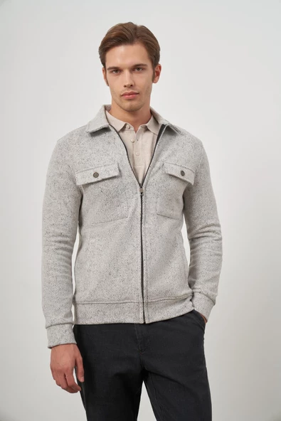 Taş Rengi Örme Bebe Yaka Kendinden Desenli Yırtmaçsız Astarsız Slim Fit Classic Mont 1007245156