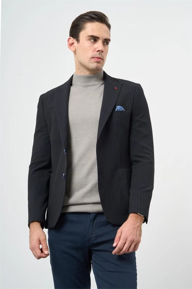 Koyu Lacivert Gofreli Kırlangıç Yaka Likralı 6 Drop Slim Fit Klasik Ceket 1002240111 - Resim 6