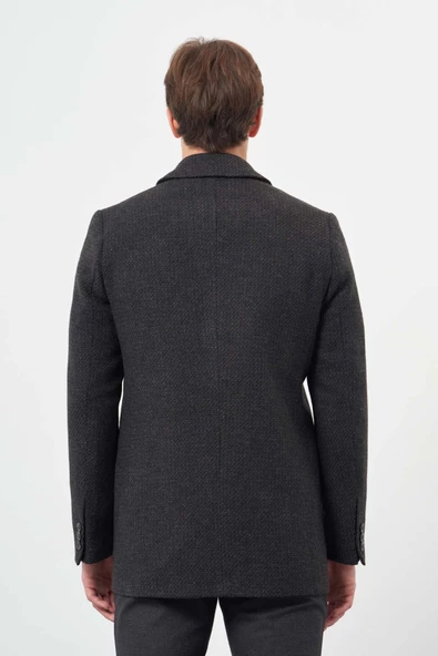 Koyu Antrasit Kaşe Bebe Yaka Kendinden Sırt Kapitoneli Astar Comfort Fit Classic Kaban 1008245154 - 5