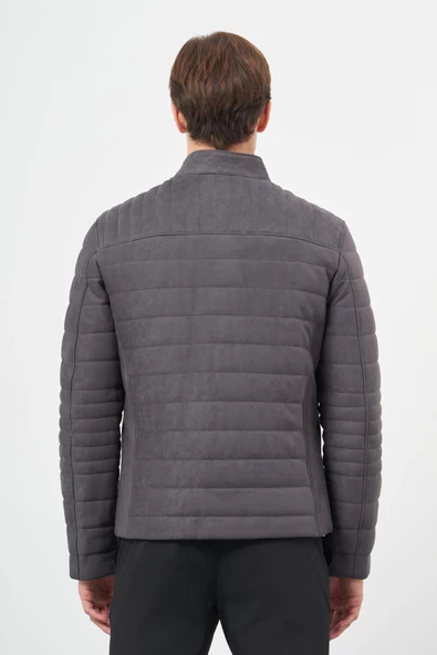 Antrasit Süet Suni Deri Hakim Yaka Düz Yırtmaçsız Tam Astar Slim Fit Casual Deri Mont 1038245150 - Resim 5