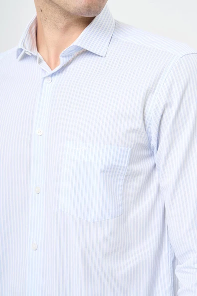 Beyaz Uzun Kol Desen Yarım İtalyan Yaka Cepli Pamuklu Classic Comfort Fit Gömlek 1004245183 - Resim 4