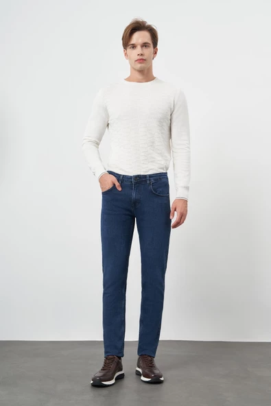 Lacivert Düz Gabardin Pamuklu 5 Cep Slim Fit Casual Denim Pantolon 1023245155 - 3