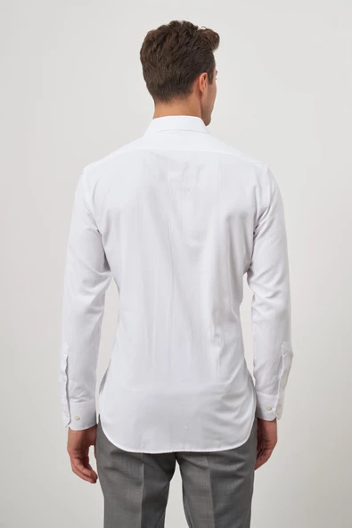 Beyaz Uzun Kol Kendinden Desenli Armürlü 041 Sert Yaka Classic Comfort Fit Gömlek 1004245154 - Resim 7