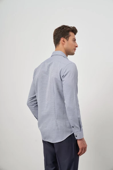 Koyu Lacivert Uzun Kol Kendinden Armürlü Cepsiz Pamuklu Classic Slim Fit Gömlek 1004245161 - 6