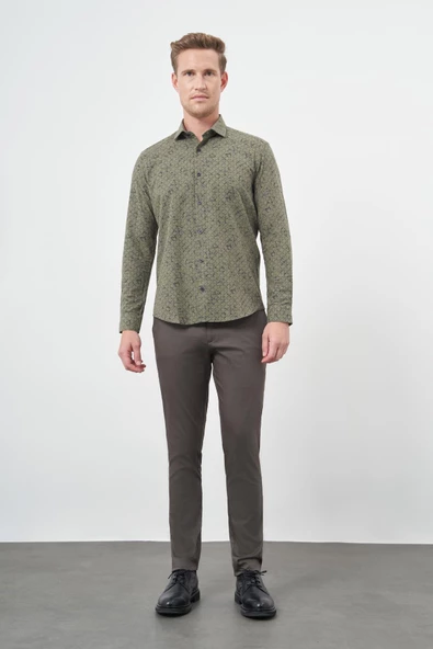 Koyu Haki Uzun Kol Yarım İtalyan Yaka Cepsiz Pamuklu Classic Slim Fit Gömlek 1004245222 - Resim 2