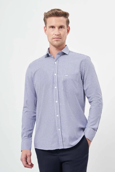 Koyu Lacivert Uzun Kol Kazayağı Desen Yarım İtalyan Cepli Classic Comfort Fit Gömlek 1004245189 - Resim 3