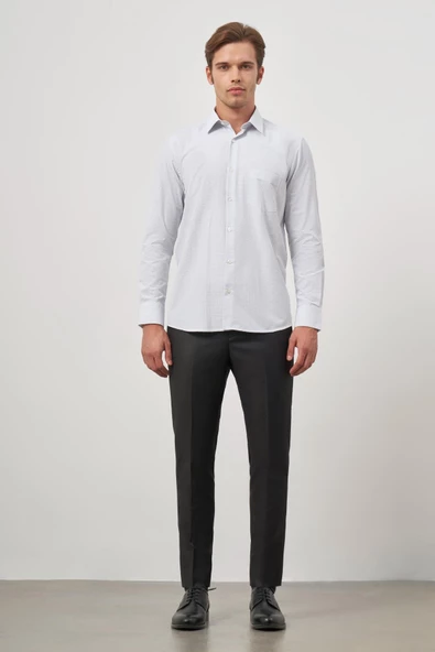 Beyaz Uzun Kol Kareli Desen Bez Ayağı Sert Yaka Cepli Pamuklu Classic Comfort Fit Gömlek 1004245159 - Resim 2