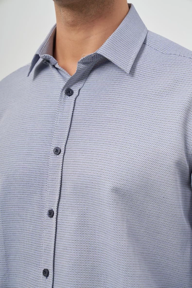 Koyu Lacivert Uzun Kol Kendinden Armürlü Cepsiz Pamuklu Classic Slim Fit Gömlek 1004245161 - 5