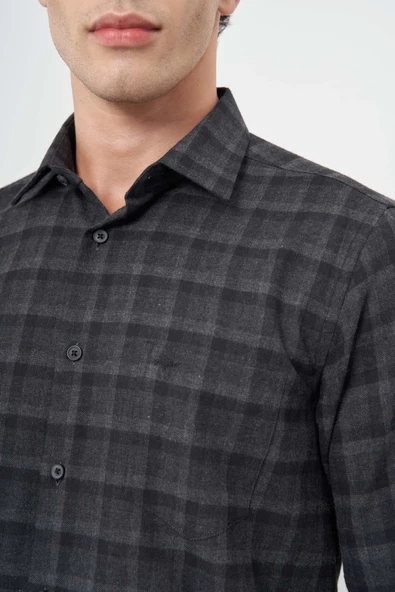 Siyah Uzun Kol Ekose Desen Gabardin Sert Yaka Cepli Pamuklu Classic Comfort Fit Gömlek 1004245169 - 4