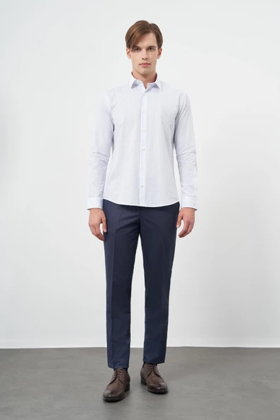 Beyaz Uzun Kol Çizgili Desen Cepsiz Classic Slim Fit Gömlek 1004245209 - Resim 2