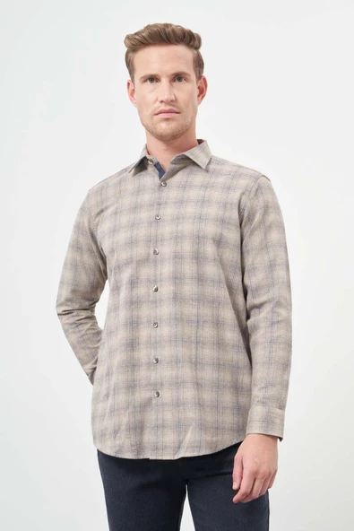 Camel Uzun Kol Ekose Desen Gabardin Sert Yaka Cepsiz Pamuklu Classic Comfort Fit Gömlek 1004245165 - Resim 3