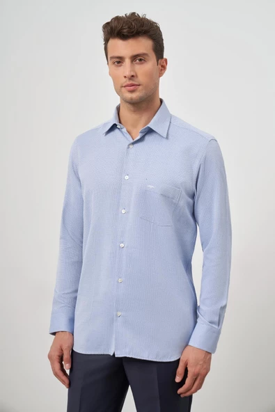 Koyu Lacivert Uzun Kol Kendinden Armürlü 041 Classic Comfort Fit Gömlek 1004245156 - Resim 3