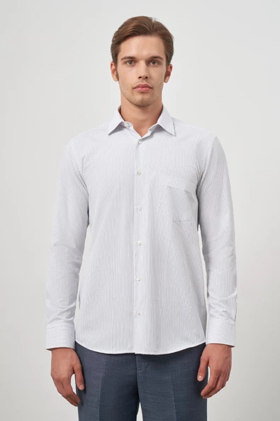 Koyu Lacivert Uzun Kol Çizgili Desen Bez Ayağı 041 Sert Yaka Classic Comfort Fit Gömlek 1004240263 - 5