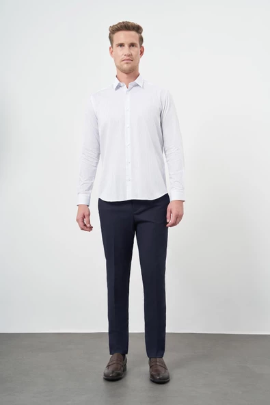 Beyaz Uzun Kol Çizgili Desen Gabardin Sert Yaka Cepsiz Pamuklu Classic Slim Fit Gömlek 1004245205 - Resim 2