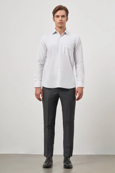 Beyaz Uzun Kol Kareli Desen Bez Ayağı Sert Yaka Cepli Pamuklu Classic Comfort Fit Gömlek 1004245163 - 2