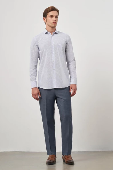 Beyaz Uzun Kol Desen Yarım İtalyan Yaka Cepli Pamuklu Classic Comfort Fit Gömlek 1004245175 - Resim 2