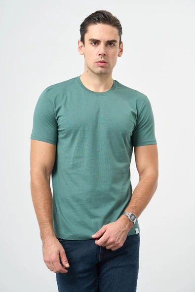 Haki Kısa Kol Düz Bez Ayağı Bisiklet Yaka Casual Slim Fit Tişört 1011245193