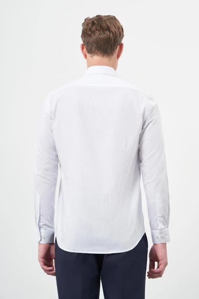 Beyaz Uzun Kol Çizgili Desen Gabardin Sert Yaka Cepsiz Pamuklu Classic Slim Fit Gömlek 1004245205 - Resim 5