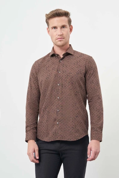 Koyu Kahverengi Uzun Kol Yarım İtalyan Yaka Cepsiz Pamuklu Classic Slim Fit Gömlek 1004245222 ürün görseli