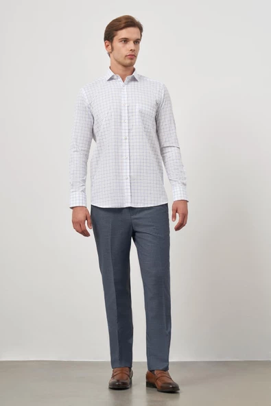 Beyaz Uzun Kol Kareli Desen Yarım İtalyan Cepli Classic Comfort Fit Gömlek 1004245196 - Resim 2
