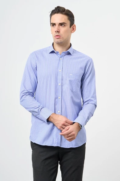 Mavi Uzun Kol Desen Yarım İtalyan Yaka Cepli Pamuklu Classic Comfort Fit Gömlek 1004245195 - Resim 3