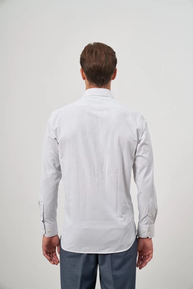 Koyu Lacivert Uzun Kol Çizgili Desen Bez Ayağı 041 Sert Yaka Classic Comfort Fit Gömlek 1004240263 - 7