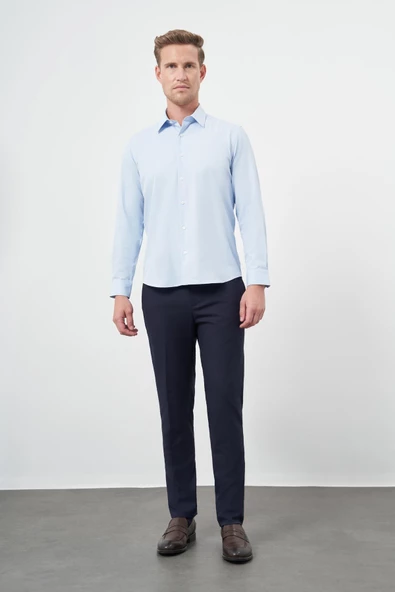 Koyu Mavi Uzun Kol Düz Bez Ayağı Sert Yaka Cepsiz Pamuklu Classic Slim Fit Gömlek 1004245267 - Resim 2