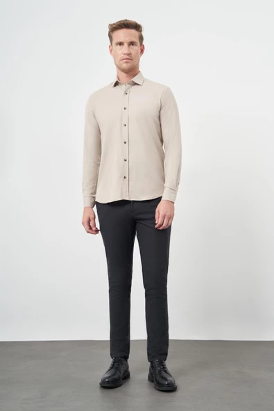 Bej Uzun Kol Düz Bez Ayağı Yarım İtalyan Yaka Cepsiz Pamuklu Classic Slim Fit Gömlek 1004245211 - Resim 2