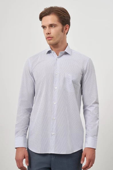 Beyaz Uzun Kol Desen Yarım İtalyan Yaka Cepli Pamuklu Classic Comfort Fit Gömlek 1004245175 - Resim 3