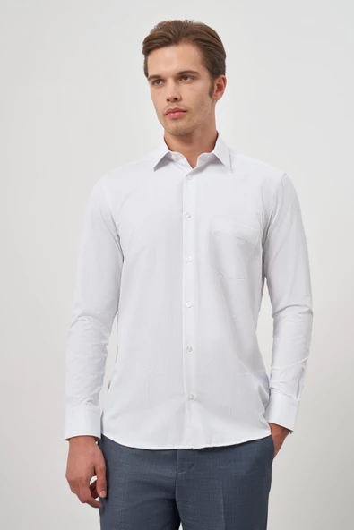 Beyaz Uzun Kol Kendinden Armürlü Cepli Pamuklu Classic Comfort Fit Gömlek 1004245155 - Resim 5