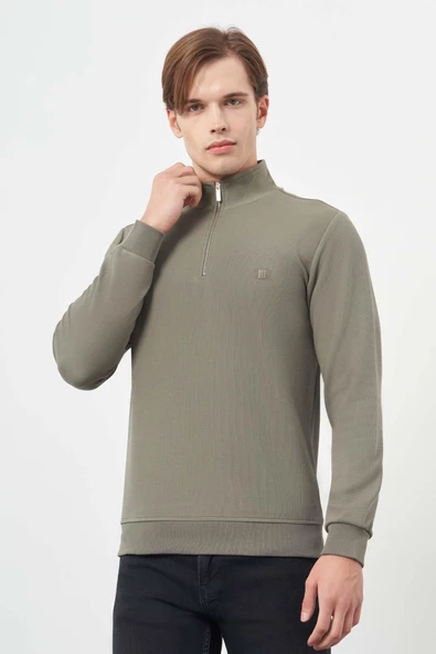 Koyu Haki Örme Hakim Yaka Pamuklu Casual Slim Fit Dar Kesim Sweatshirt 1013245151 - Resim 3