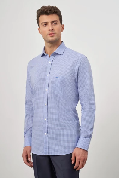 Saks Uzun Kol Kareli Desen Yarım İtalyan Cepli Classic Comfort Fit Gömlek 1004245188 - Resim 4