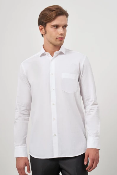 Beyaz Uzun Kol Kareli Desen İtalyan Yaka Cepli Pamuklu Classic Comfort Fit Gömlek 1004245173 - Resim 4