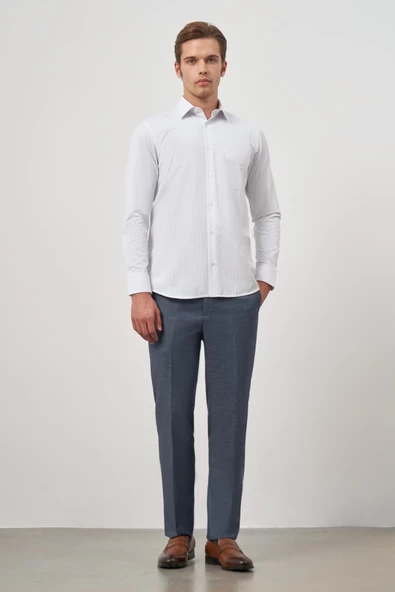 Beyaz Uzun Kol Kendinden Armürlü Cepli Pamuklu Classic Comfort Fit Gömlek 1004245155 - Resim 2