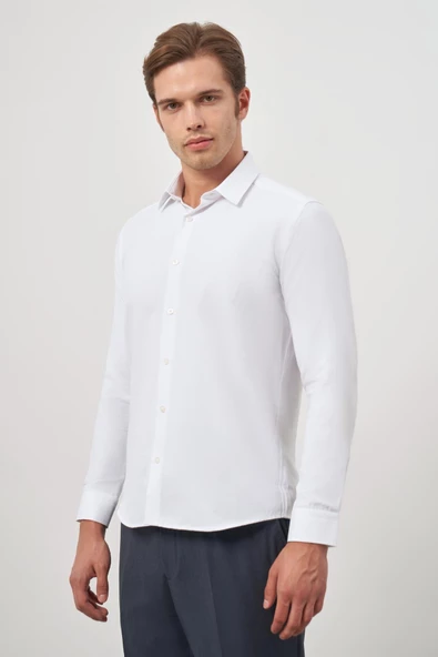 Beyaz Uzun Kol Kendinden Desenli Armürlü 032 Sert Yaka Classic Slim Fit Gömlek 1004245151 - 4