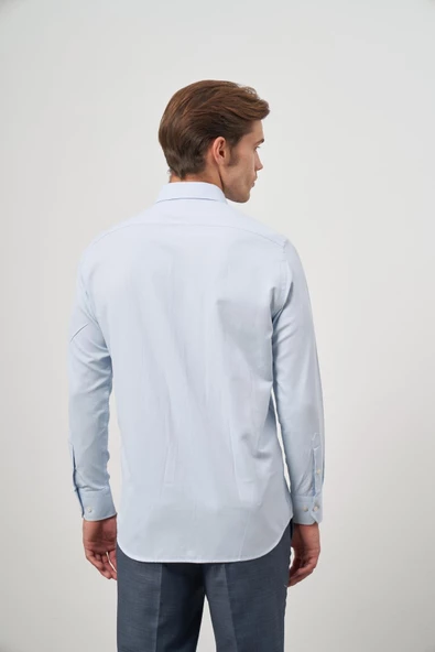 Koyu Mavi Uzun Kol Kendinden Desenli Armürlü 041 Sert Yaka Classic Comfort Fit Gömlek 1004245154 - Resim 7