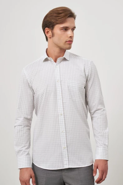 Beyaz Uzun Kol Kareli Desen Gabardin Yarım İtalyan Cepli Classic Comfort Fit Gömlek 1004245193 - Resim 5