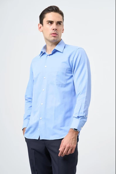 Mavi Uzun Kol Düz Sert Yaka Pamuklu Classic Comfort Fit Gömlek 1004245269