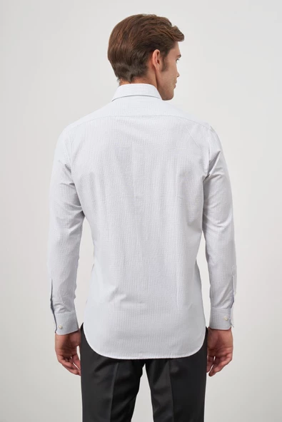 Beyaz Uzun Kol Kareli Desen Bez Ayağı Sert Yaka Cepli Pamuklu Classic Comfort Fit Gömlek 1004245159 - Resim 7