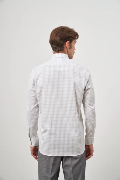 Beyaz Uzun Kol Kareli Desen Gabardin Yarım İtalyan Cepli Classic Comfort Fit Gömlek 1004245193 - Resim 3