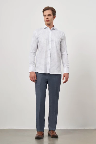 Beyaz Uzun Kol Kareli Desen Yarım İtalyan Cepli Classic Comfort Fit Gömlek 1004245196 - Resim 4