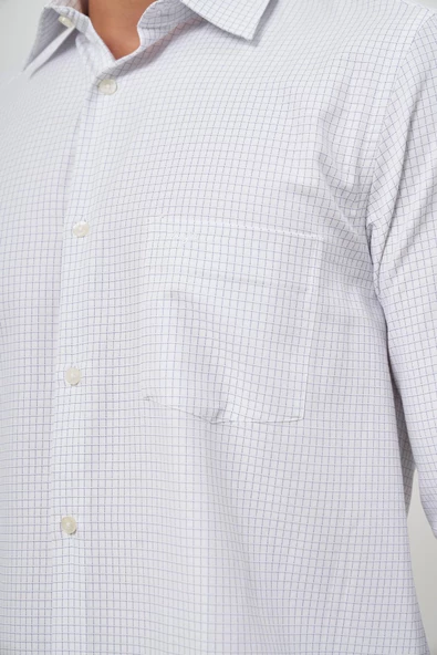 Beyaz Uzun Kol Kareli Desen Bez Ayağı Sert Yaka Cepli Pamuklu Classic Comfort Fit Gömlek 1004245163 - Resim 6