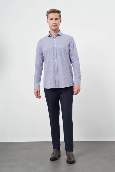 Koyu Lacivert Uzun Kol Kazayağı Desen Yarım İtalyan Cepli Classic Comfort Fit Gömlek 1004245189 - Resim 2