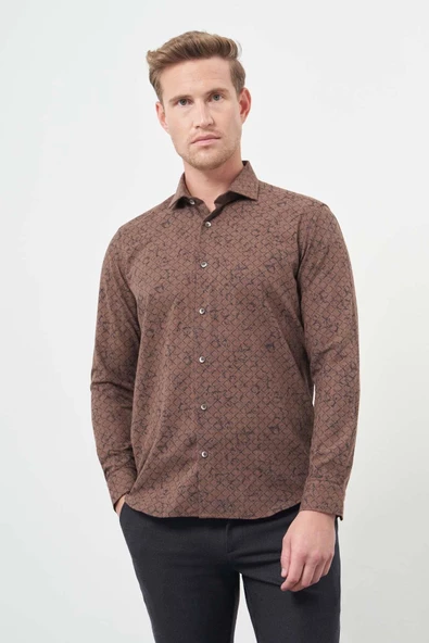 Koyu Kahverengi Uzun Kol Yarım İtalyan Yaka Cepsiz Pamuklu Classic Slim Fit Gömlek 1004245222 - Resim 3