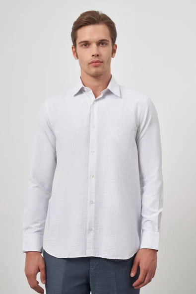 Beyaz Uzun Kol Kareli Desen Bez Ayağı Sert Yaka Cepli Pamuklu Classic Comfort Fit Gömlek 1004245163 - Resim 5