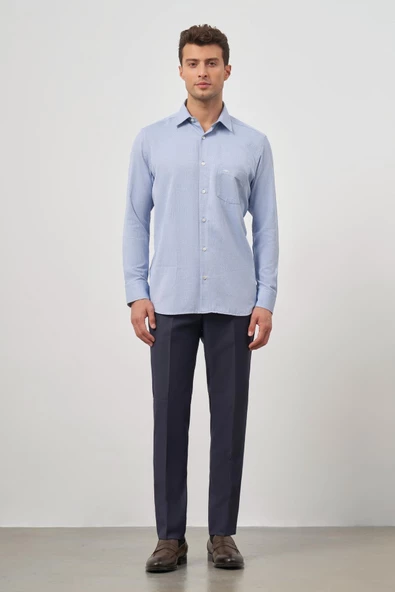 Koyu Lacivert Uzun Kol Kendinden Armürlü 041 Classic Comfort Fit Gömlek 1004245156 - Resim 2