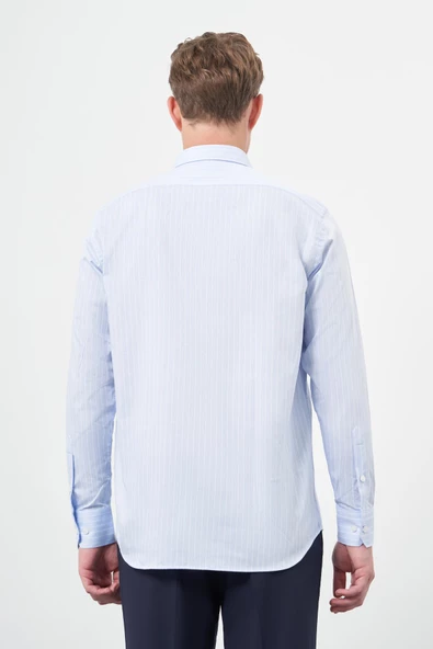 Koyu Mavi Uzun Kol Desen Yarım İtalyan Yaka Cepli Pamuklu Classic Comfort Fit Gömlek 1004245182 - Resim 4