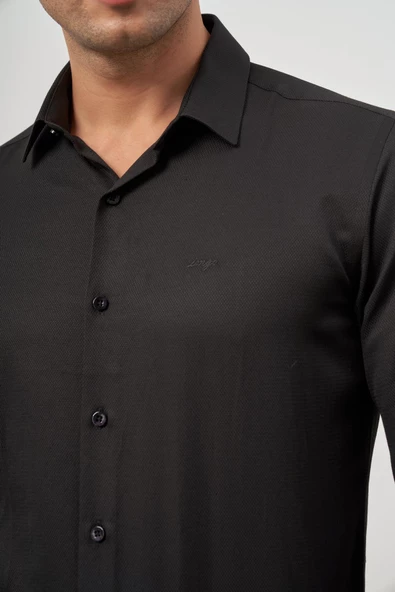 Siyah Uzun Kol Kendinden Desenli Armürlü 032 Sert Yaka Classic Slim Fit Gömlek 1004245152 - Resim 6